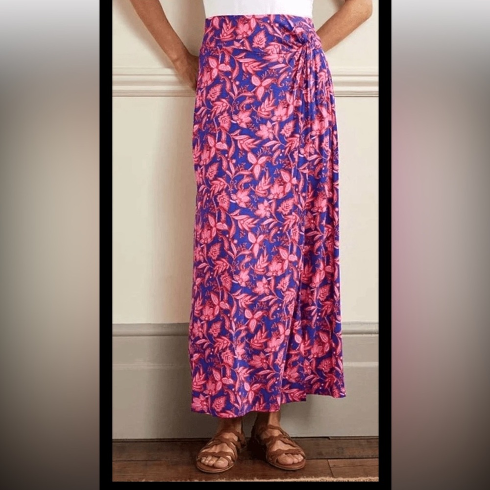 BODEN Knot Waist Jersey Knit Skirt Maxi Pink Floral Split Wrap Petite 12